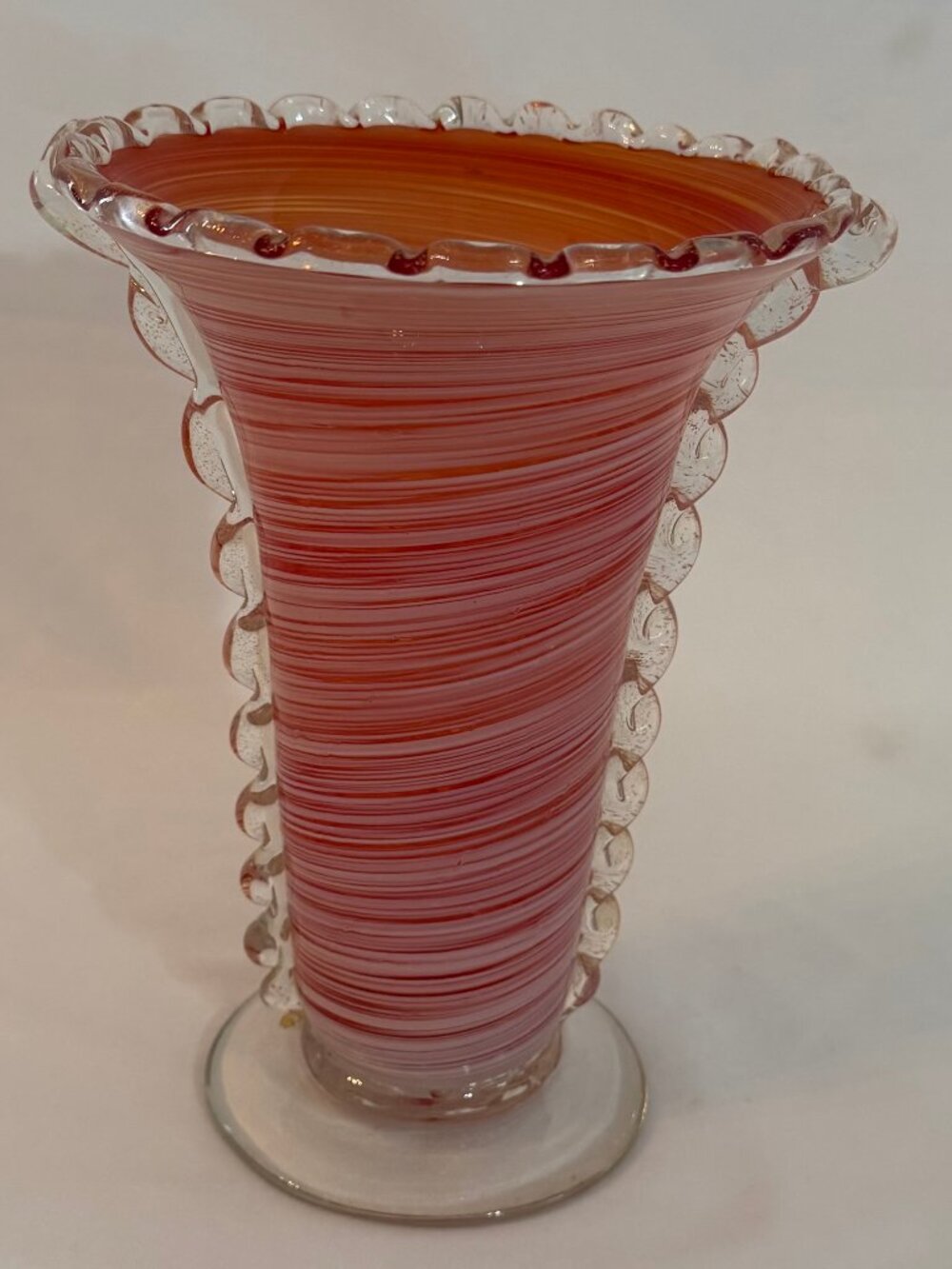 Vintage Murano Art Glass Trumpet Vase Swirl Pattern Applied Beading 8.75" #4062